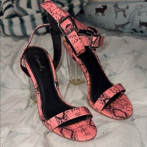 Qupid Pink Snake Print Heels with Clear Block Heel
